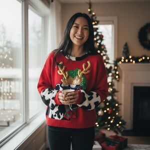 Cow-dorable Ugly Christmas Sweater - XL Fun Alert! NWOT, Cowprint Holiday Top